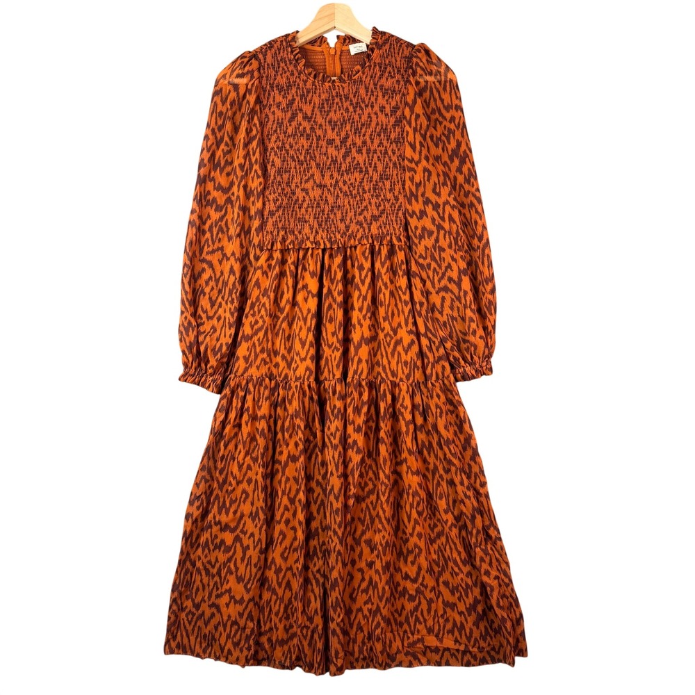 Wilfred Aritzia Tempest Dress Orange Abstract Animal Smocked Tiered Midi XXS
